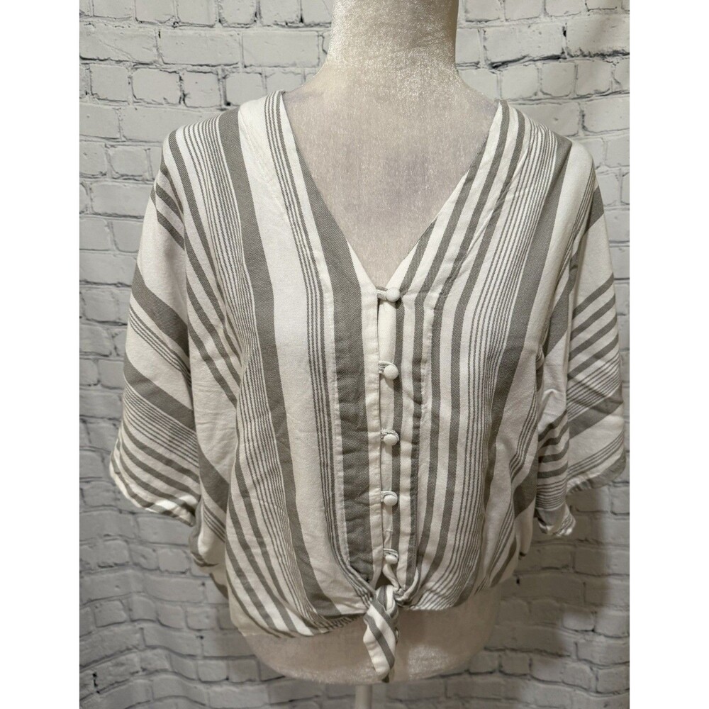 SIM & Sam Women's Gray & White Striped Button-Down Rayon Blouse Tie Size Large